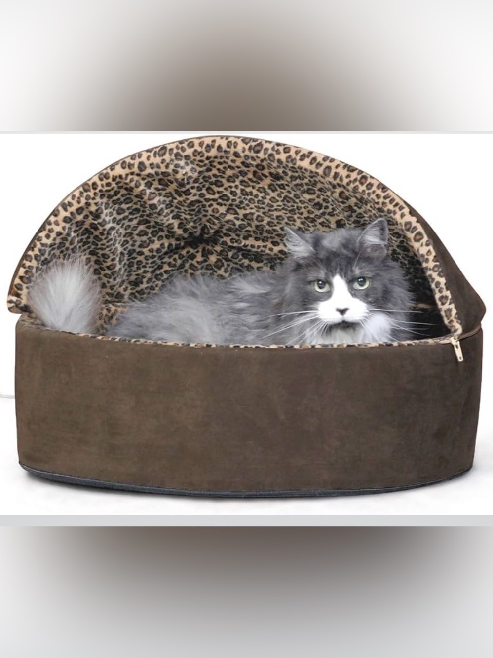 Thermo-Kitty Deluxe Large Heated Pet Bed/Covered Cave - Mocha/Leopard Print